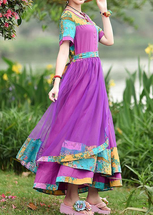 Style O Neck Patchwork Tulle Cotton Clothes Work Outfits Purple Print Art Dresses Summer