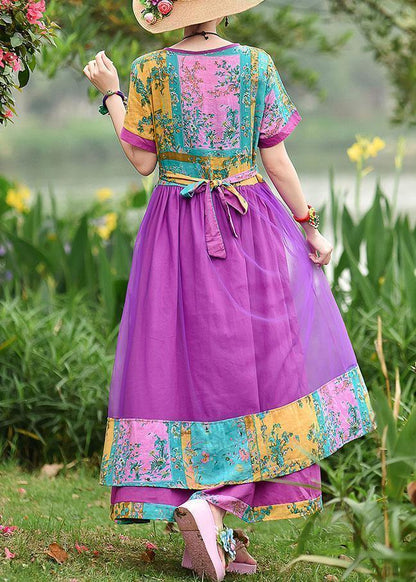 Style O Neck Patchwork Tulle Cotton Clothes Work Outfits Purple Print Art Dresses Summer