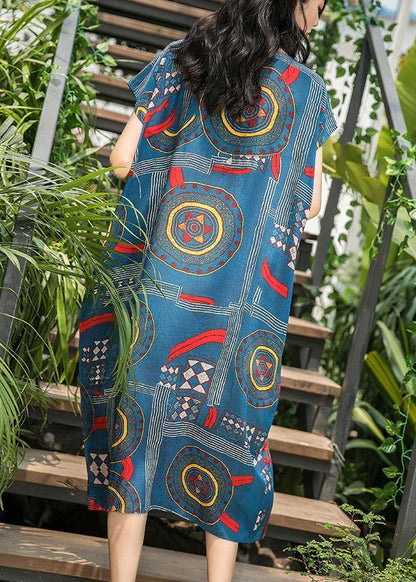 Style O Neck Pockets Silk Dresses Work Blue Print Dress Summer