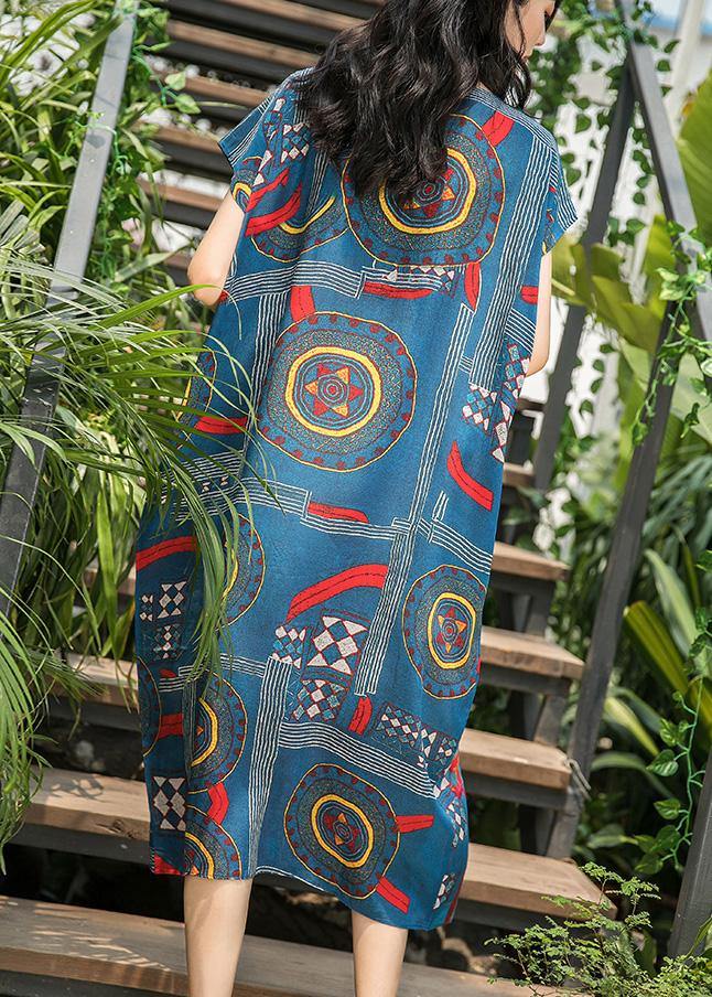Style O Neck Pockets Silk Dresses Work Blue Print Dress Summer
