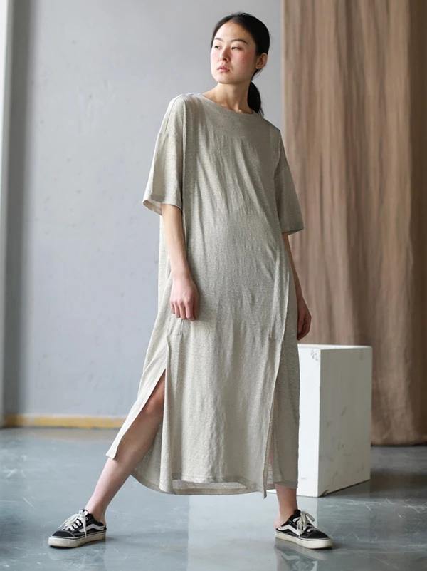 Style O Neck Side Open Cotton Tunics Work Outfits Beige Long Dresses Summer