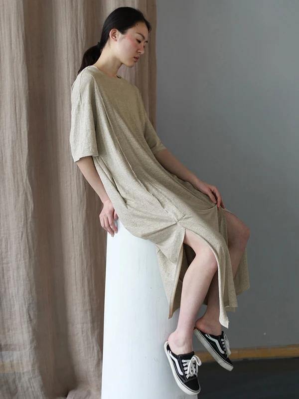 Style O Neck Side Open Cotton Tunics Work Outfits Beige Long Dresses Summer