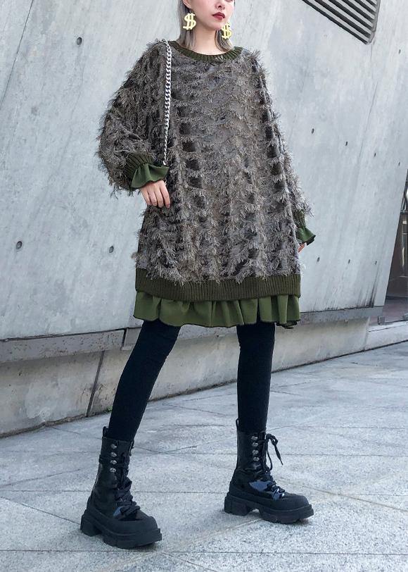 Style o neck tassel Ruffles fall Blouse Neckline gray tops