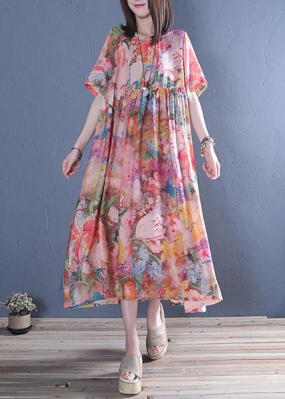Style O Neck Cinched Cotton Tunic Dress Pink Print Maxi Dress