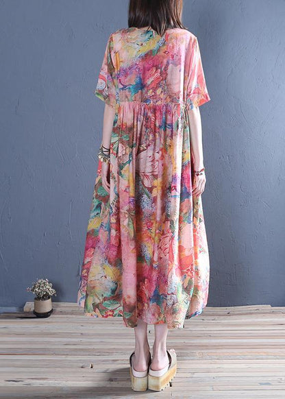 Style O Neck Cinched Cotton Tunic Dress Pink Print Maxi Dress