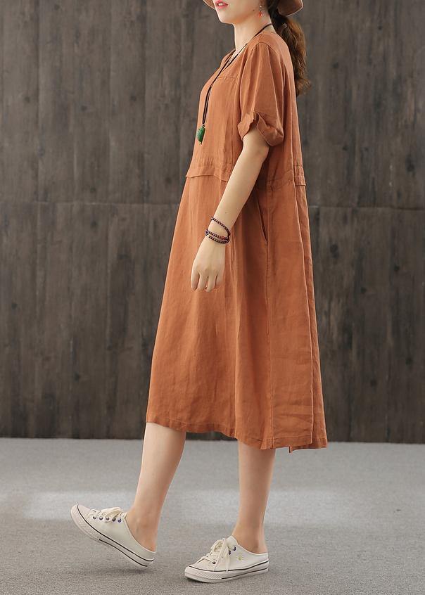 Style Orange Long Shirts O Neck Patchwork Cotton Dress