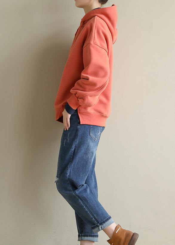 Style orange cotton tunic top embroidery oversized hooded blouses