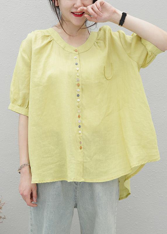 Style Orange Linen Top O Neck Short Sleeve Midi Shirts