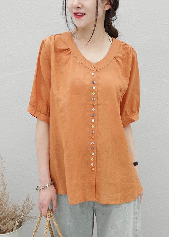 Style Orange Linen Top O Neck Short Sleeve Midi Shirts