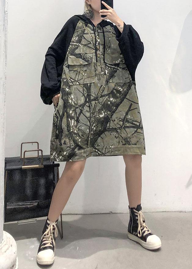 Style Patchwork Cotton Tunic Pattern Hooded Loose Fall Dress