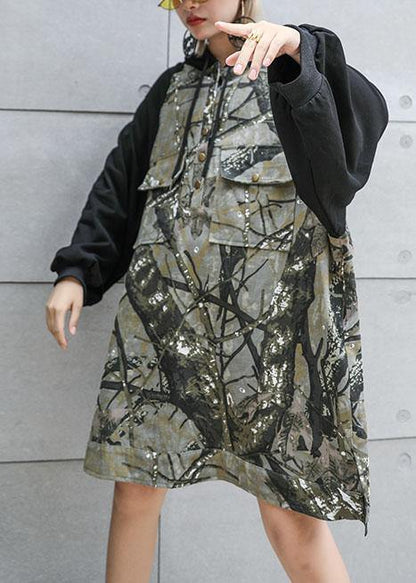 Style Patchwork Cotton Tunic Pattern Hooded Loose Fall Dress