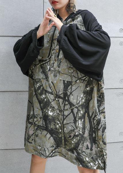 Style Patchwork Cotton Tunic Pattern Hooded Loose Fall Dress