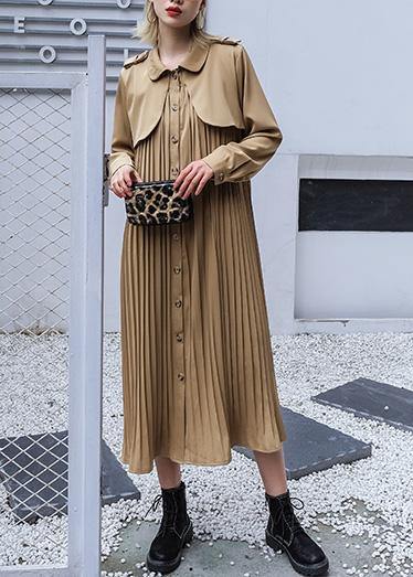 Style Patchwork Fine Pleated Tunics for Khaki Cotton Coat