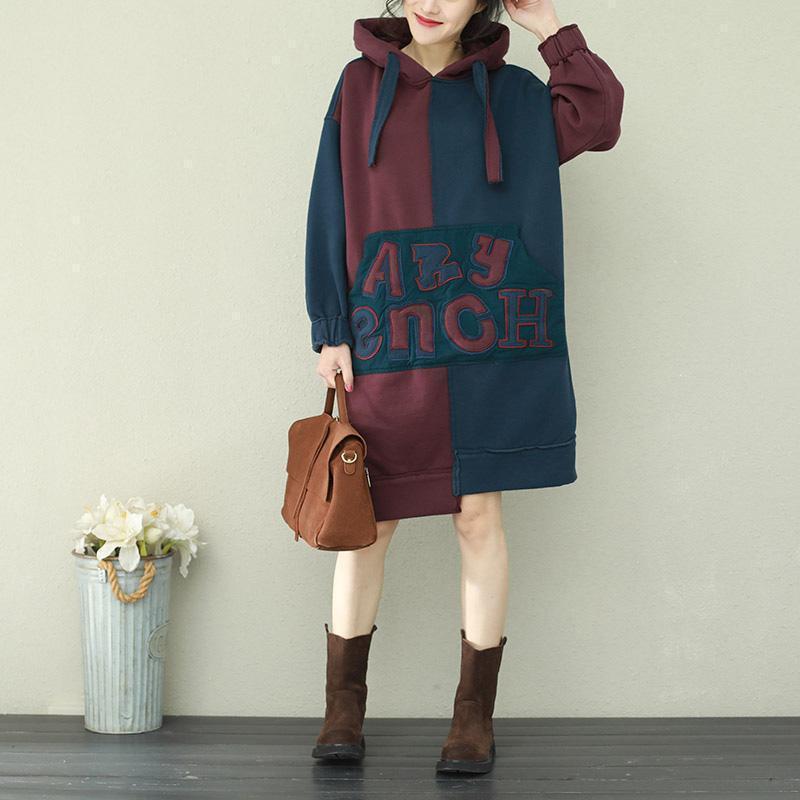 Style Patchwork Cotton Tops Sleeve Blue Burgundy Daily Tops