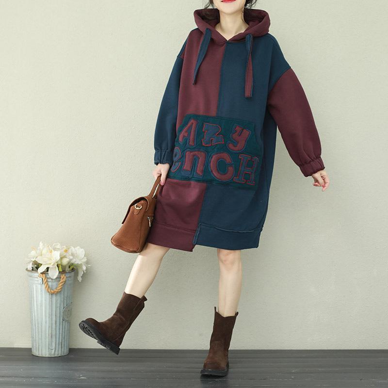 Style Patchwork Cotton Tops Sleeve Blue Burgundy Daily Tops