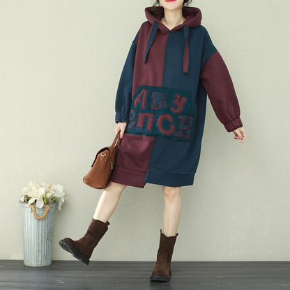 Style Patchwork Cotton Tops Sleeve Blue Burgundy Daily Tops