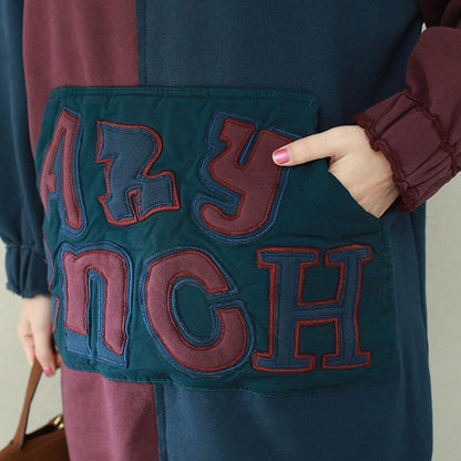 Style Patchwork Cotton Tops Sleeve Blue Burgundy Daily Tops