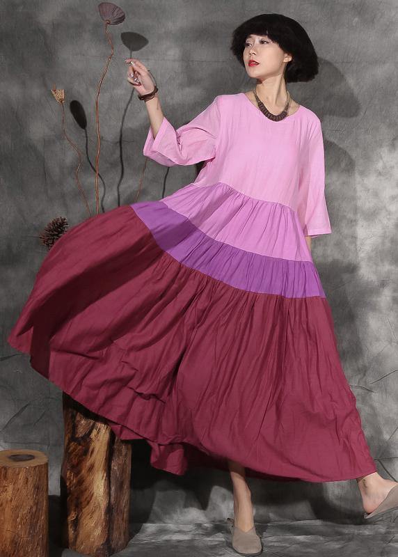 Style Patchwork Linen Clothes for Linen Pink Dresses Summer