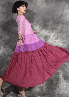 Style Patchwork Linen Clothes for Linen Pink Dresses Summer