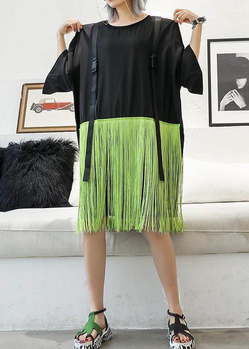 Style Patchwork Tassel Cotton Clothes Black Dresses Summer
