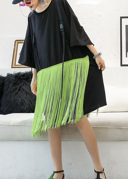 Style Patchwork Tassel Cotton Clothes Black Dresses Summer