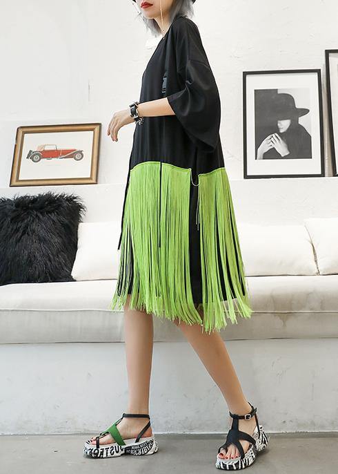 Style Patchwork Tassel Cotton Clothes Black Dresses Summer