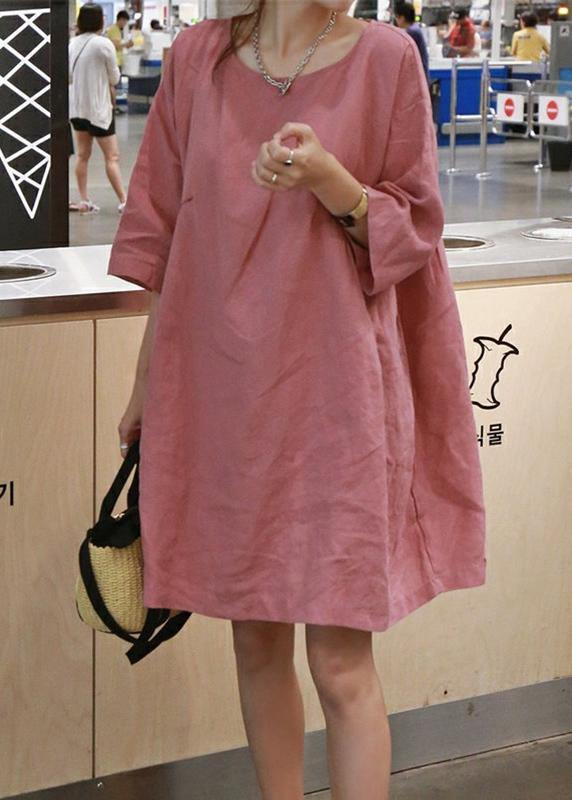 Style Blue Cotton Linen Outfit O Neck Cinched a Line Summer Dresses