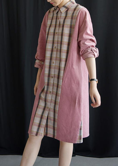 Style Pink Patchwork Plaid Cotton Clothes Lapel Tie Waist Fall Dresses