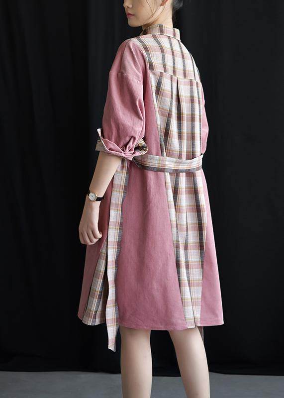 Style Pink Patchwork Plaid Cotton Clothes Lapel Tie Waist Fall Dresses
