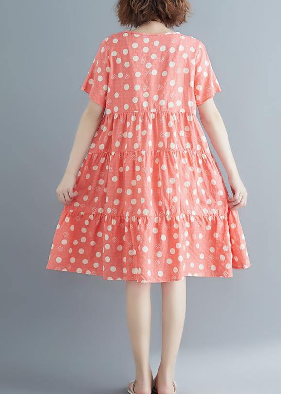 Style Pink Print Cotton Linen Tunics O Neck Cinched Summer Dress