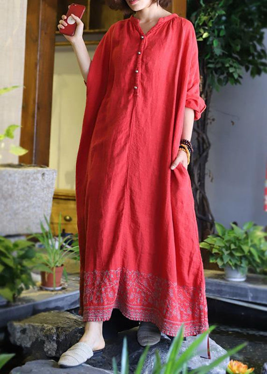 Style Pockets Baggy Linen Dresses Catwalk Red Embroidery Dress V Neck