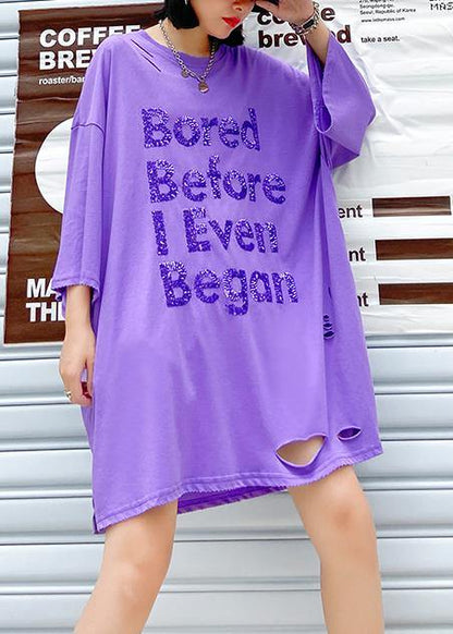 Style Purple Sequined Cotton Quilting Dresses O Neck Hole Loose Summer Dress