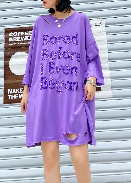 Style Purple Sequined Cotton Quilting Dresses O Neck Hole Loose Summer Dress