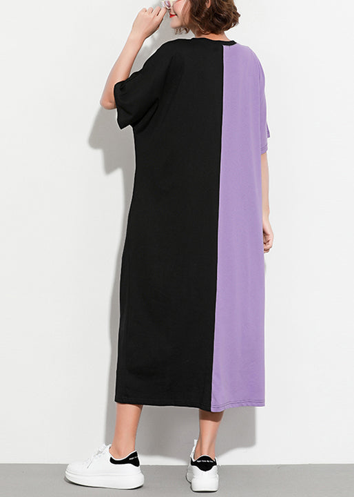 Style Purple Black Cotton Clothes Shirts O Neck Patchwork Kaftan Summer Dress
