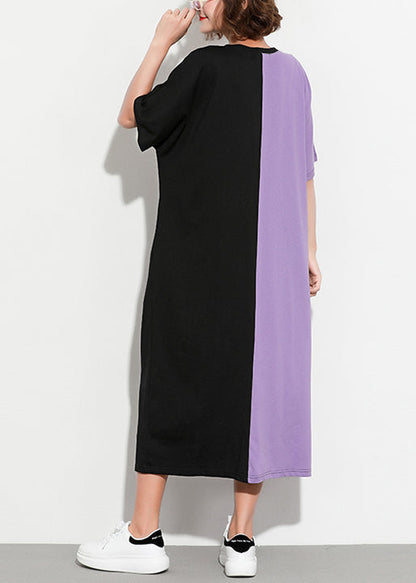 Style Purple Black Cotton Clothes Shirts O Neck Patchwork Kaftan Summer Dress