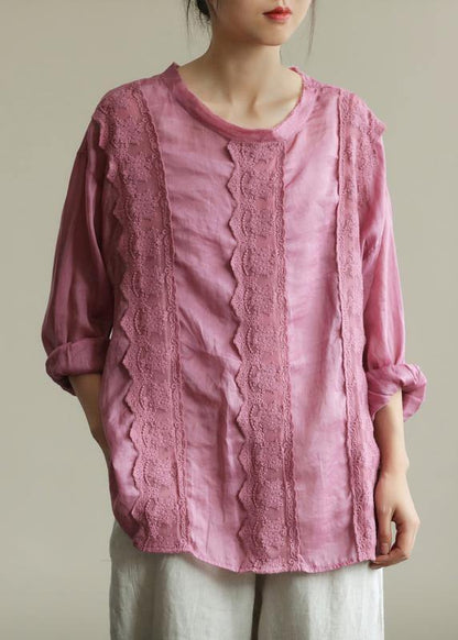 Style purple tunic top o neck patchwork lace Midi fall top