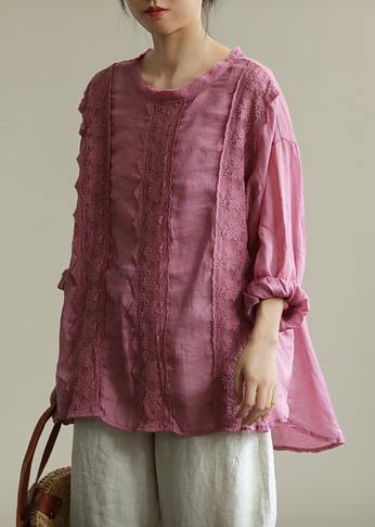 Style purple tunic top o neck patchwork lace Midi fall top