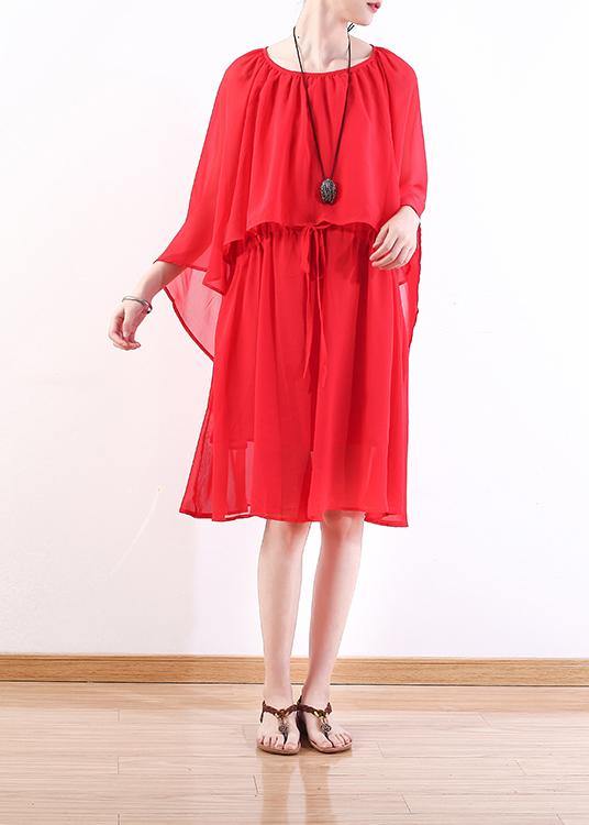 Style Red Chiffon Dresses Stylish Shirts Tie Waist Maxi Summer Dress