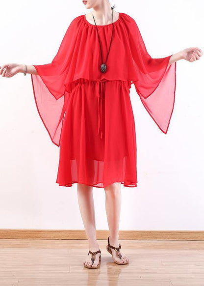 Style Red Chiffon Dresses Stylish Shirts Tie Waist Maxi Summer Dress