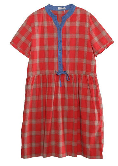 Style Red Plaid Cotton Clothes for Patchwork Color Long Summer Dresses