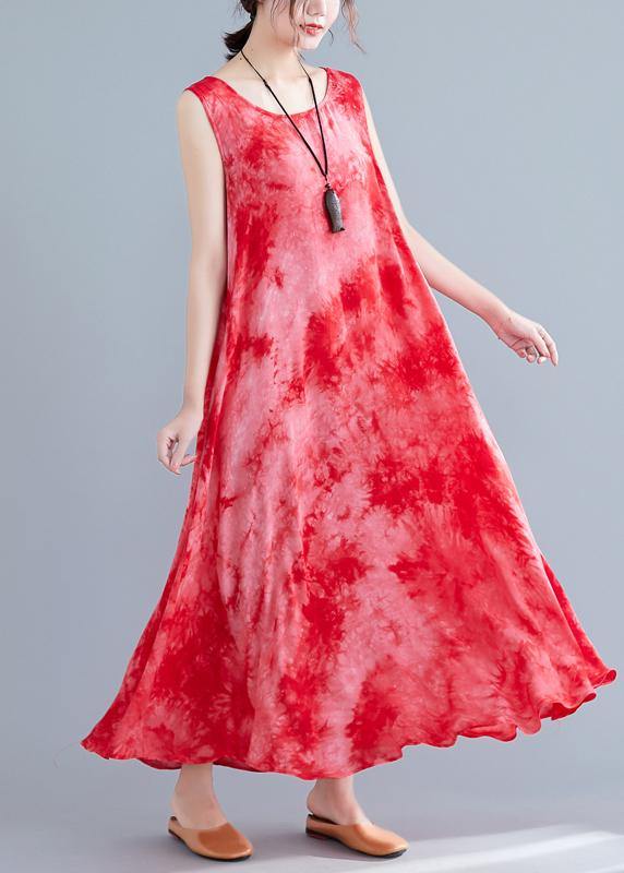 Style Red Print Cotton Linen Clothes for Sleeveless Pockets Long Summer Dresses