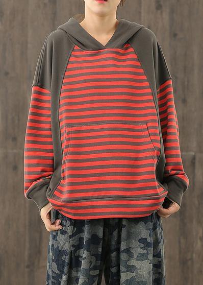 Style red striped tunics for women hooded patchwork baggy blouses