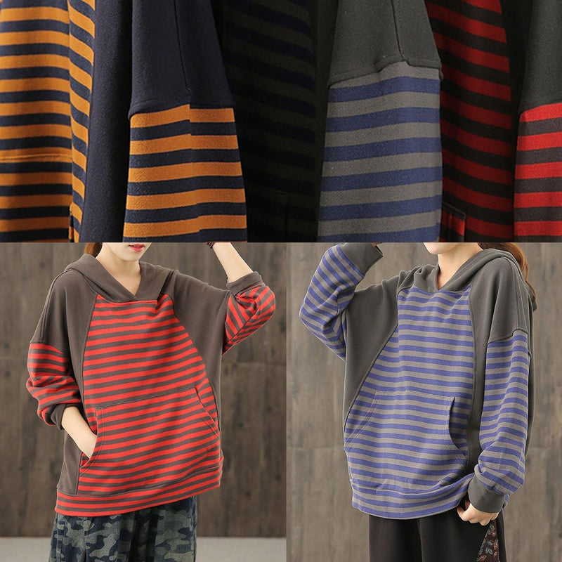 Style Red Striped Tunics for Hooded Patchwork Baggy Blouses
