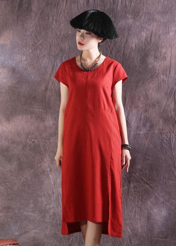 Style Short Sleeve Cotton Tunics Catwalk Red O Neck Dress Summer
