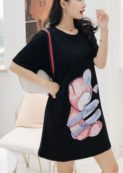 Style Short Sleeve Cotton Tunic Pattern Stitches Sewing Black Print Dress Summer