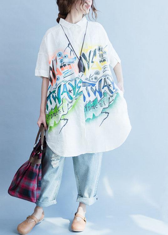 Style Side Open Linen Tunic Top White Prints Baggy Top Summer