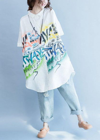 Style Side Open Linen Tunic Top White Prints Baggy Top Summer