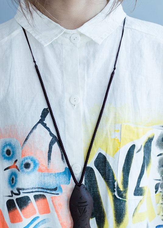 Style Side Open Linen Tunic Top White Prints Baggy Top Summer
