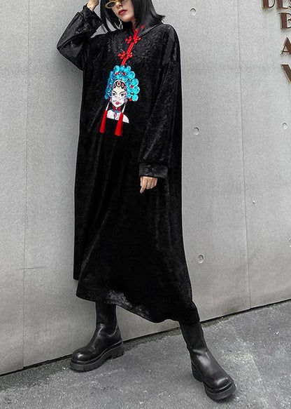 Style Stand Collar Tunics Runway Black Print a Line Dresses