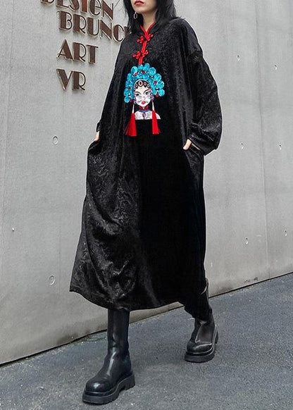 Style Stand Collar Tunics Runway Black Print a Line Dresses